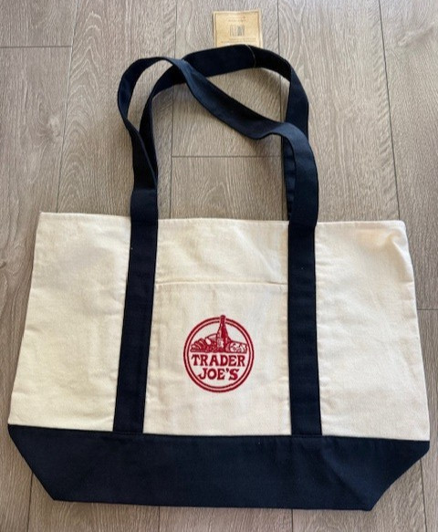 Trader Joe’s Lot of 3 Large Canvas Tote Reusable Bag 20x14x6 Navy Blue White