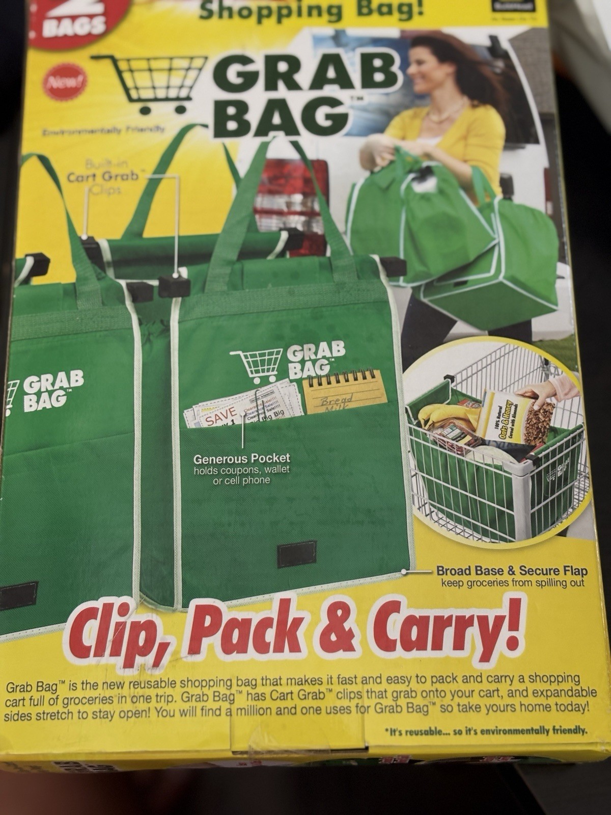 Shopping Bag Grab Bag 2 Pack Reusable Clip to Cart with Pockets New In Box