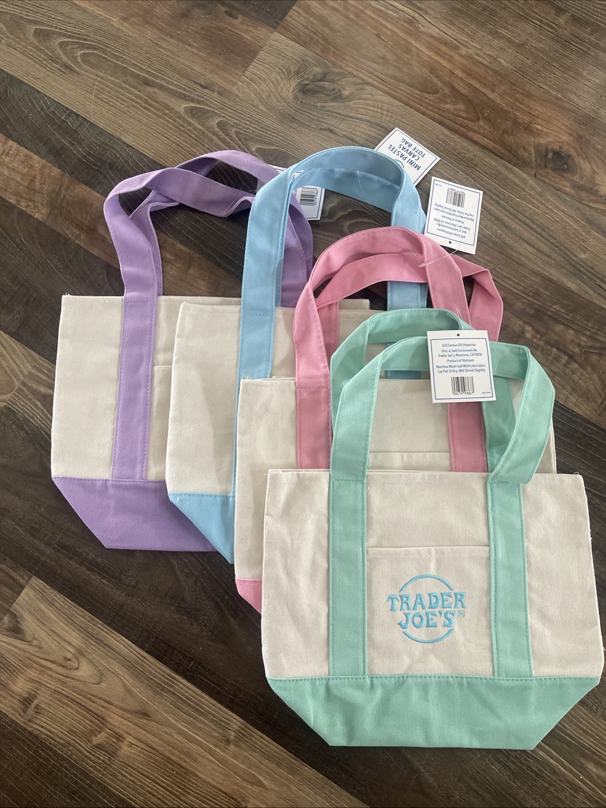 Trader Joe’s Mini Pastel Canvas Tote Bag Set Of 4 NWT Blue Green Pink Purple
