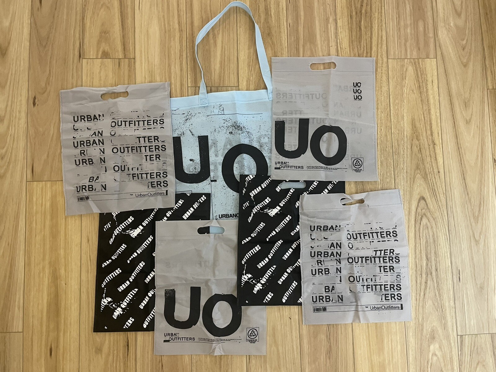 Lot of 7 Urban Outfitters Reusable Shopping Bag Eco Tote gray, black blue