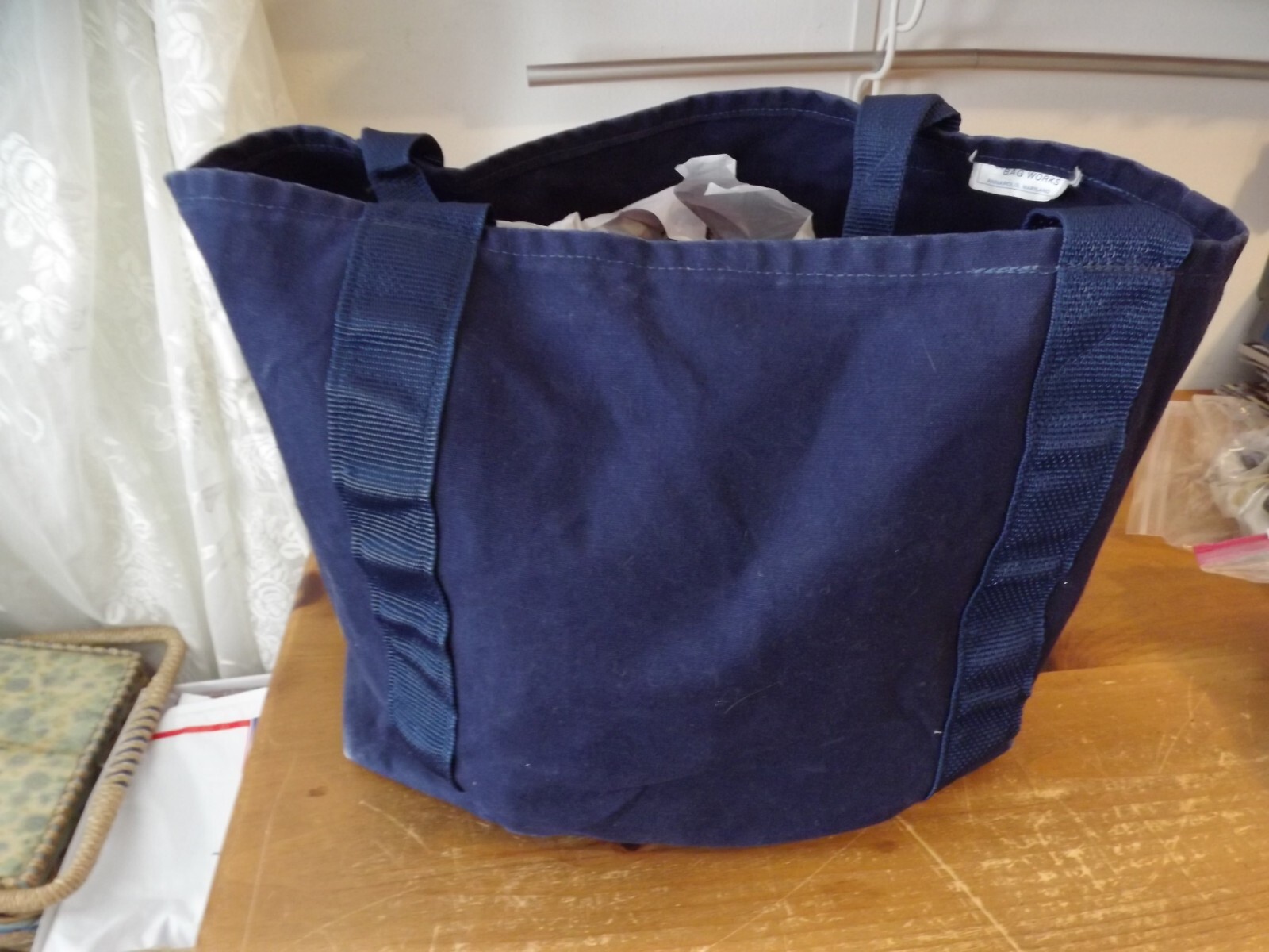 vtg Bag Works CANVAS COTTON XL reusable TOTE Annapolis Quilt Guild navy blue