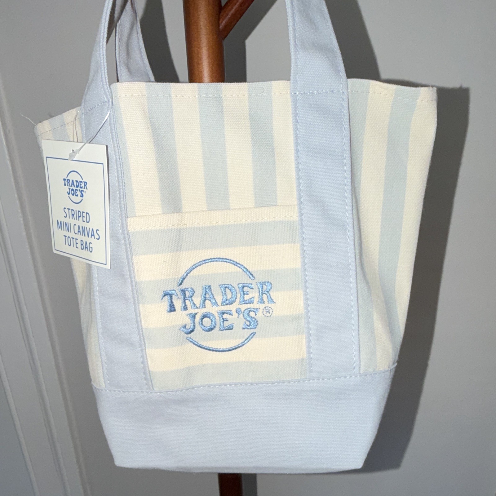 Trader Joe’s Striped Mini Canvas Tote Bag Light Blue/White Cotton Blend