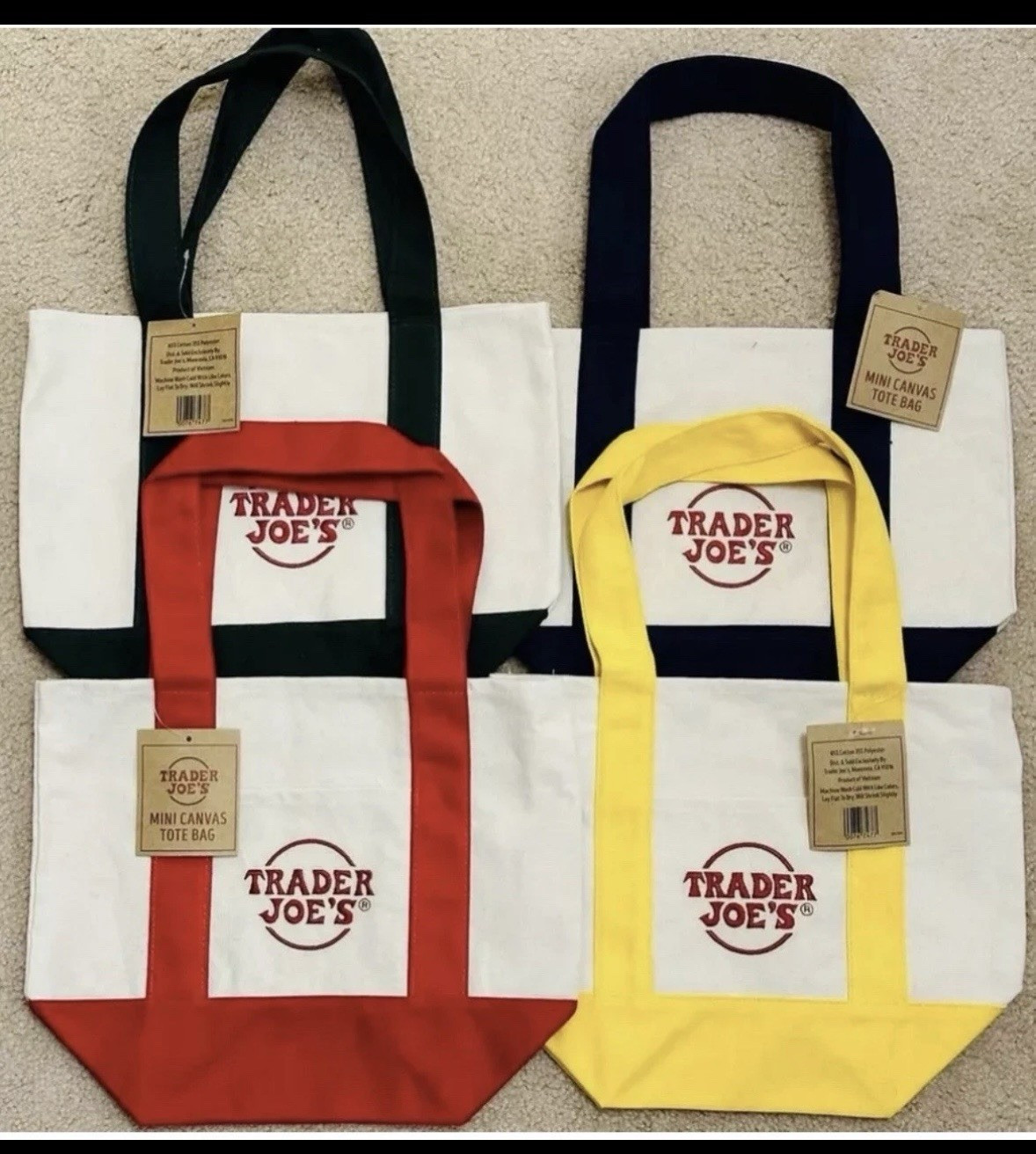 Trader Joe’s Mini Canvas Reusable Logo Tote Bags 4-Piece Set Multicolor