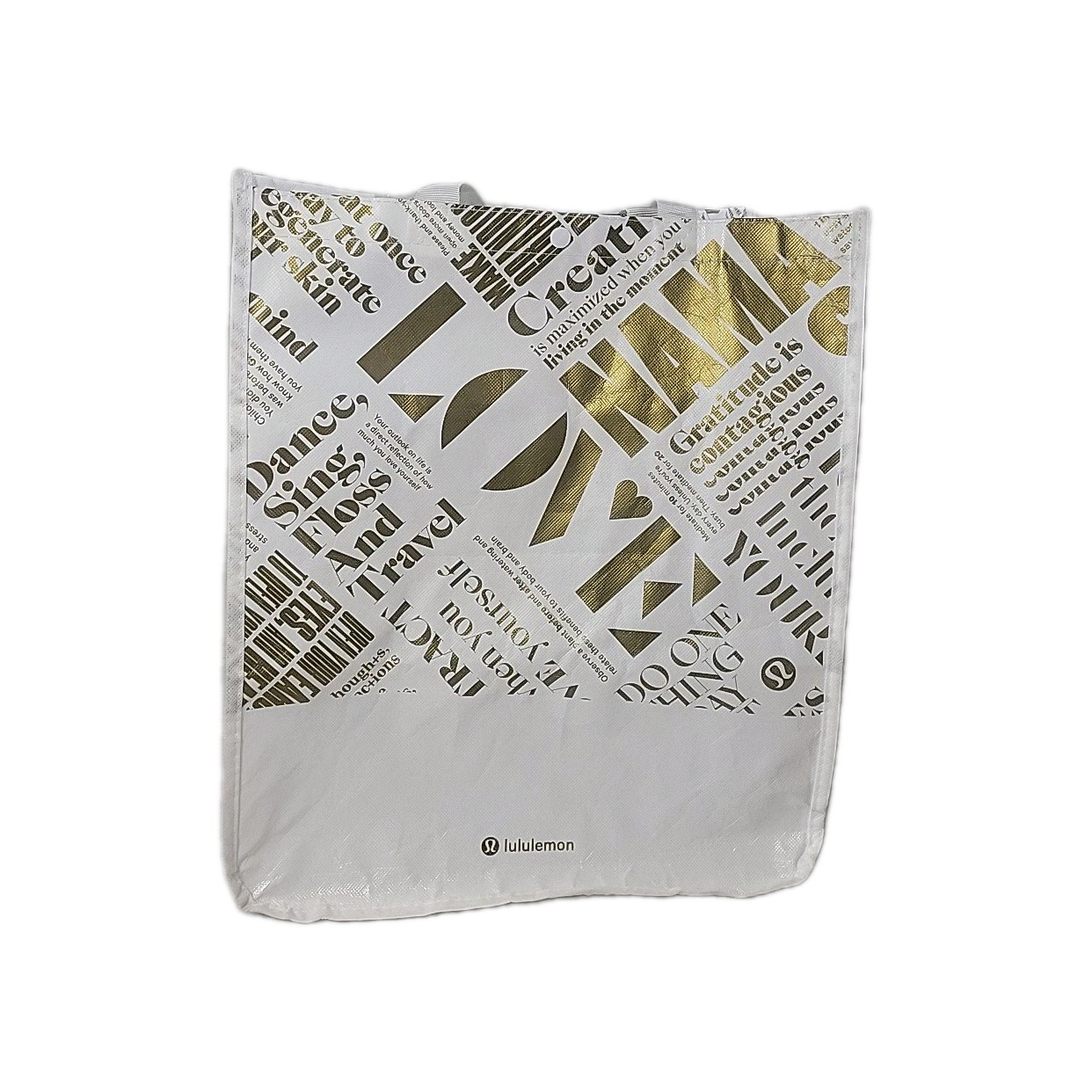 Lululemon – Shiny Patent White & Gold Manifesto Shopping Bag