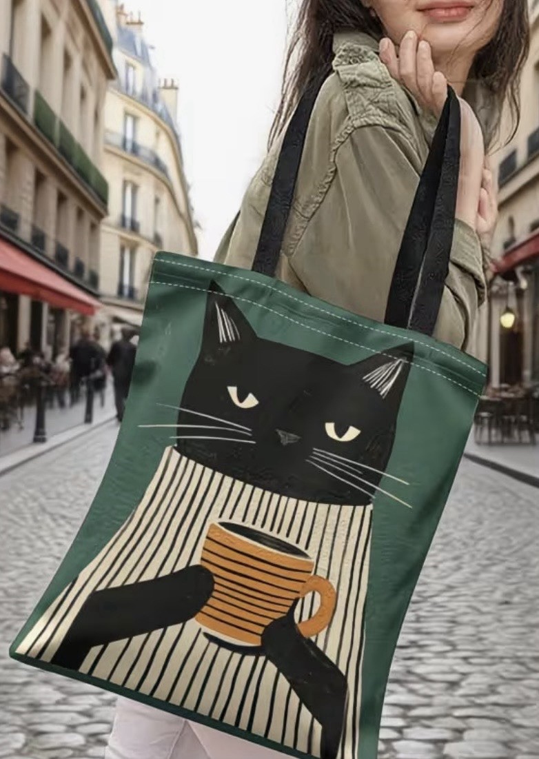 Cat Tote Shopping Bag ‘Morning Joe’ Print On Both Sides Fun Design Sturdy Tote