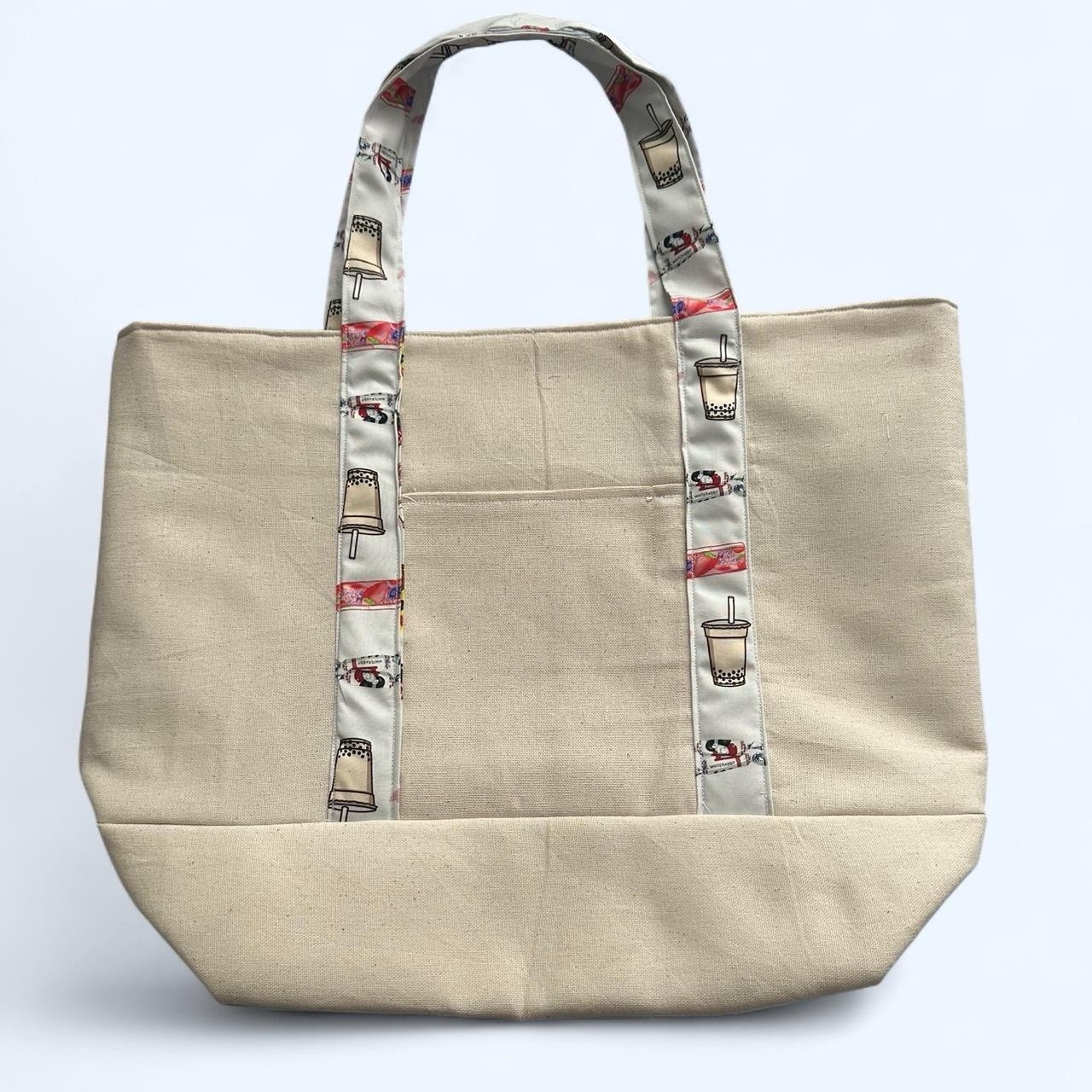 Beige Canvas Cotton Foldable Reusable Shopping Bag with Japanese Food Pattern