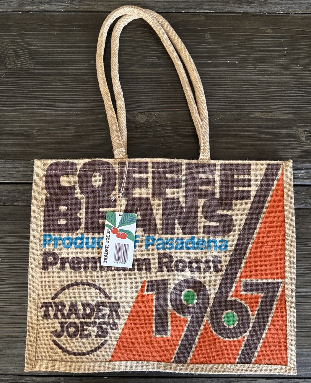 Trader Joe’s Tote Jute Bag Reusable 1967 Pasadena Coffee Beans 17x14x9x13in Lrg