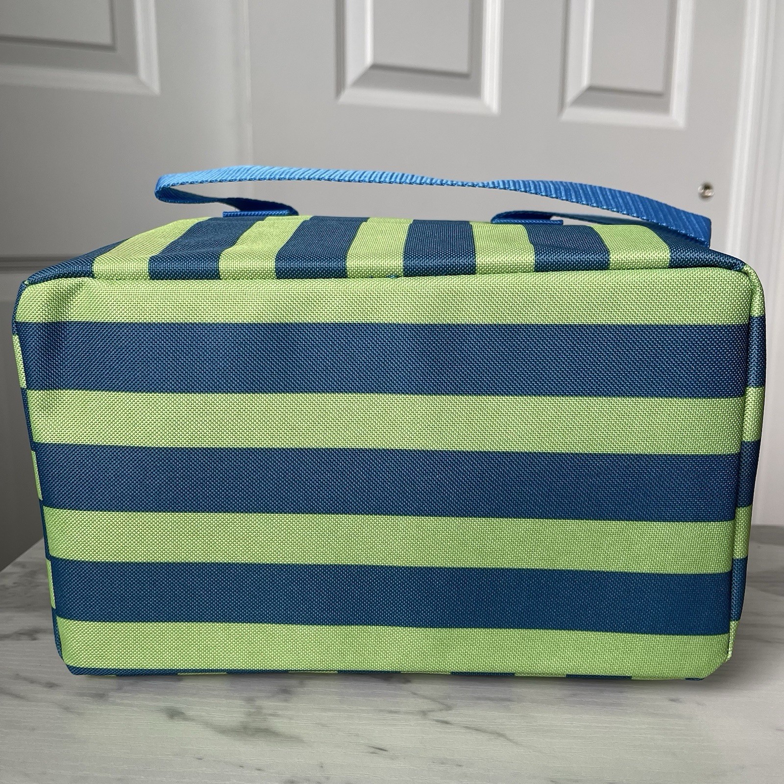 NWT Trader Joe’s STRIPED Mini Insulated Tote Bag Striped Blue Green w/ STICKERS!