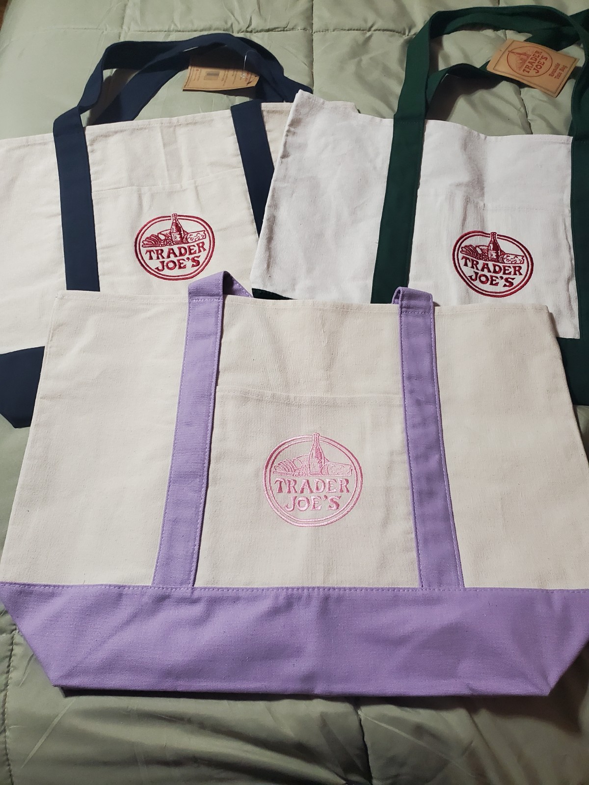 Trader Joe’s Canvas Large Tote, Set Of 3, Hunter Green, Navy Blue, Lavender NWT