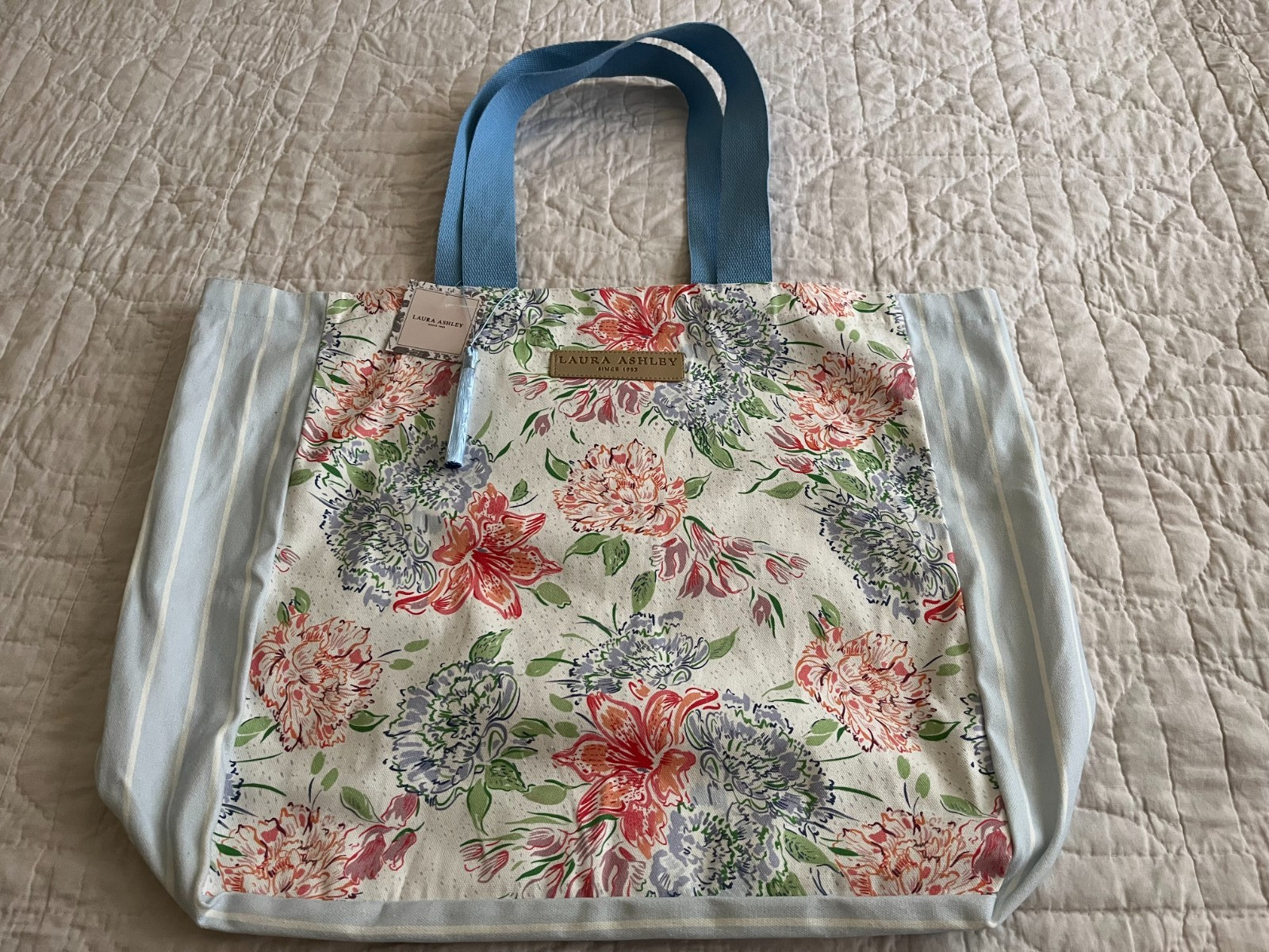 Laura Ashley Floral Blue Stripe Cotton Canvas Web Straps Tassel Tote 22x16x5 NEW