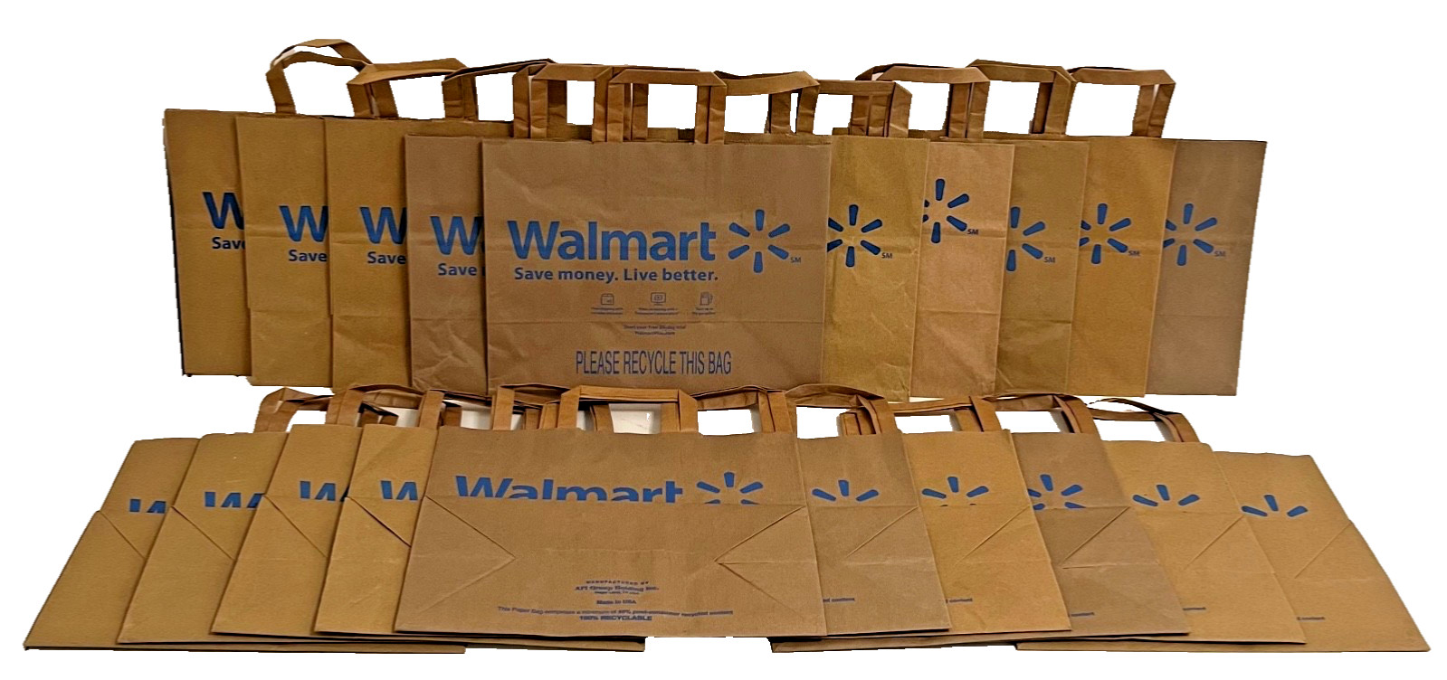 20 WALMART Brown Paper Grocery Supermarket Reusable Shopping Bag Lot Arts Craft