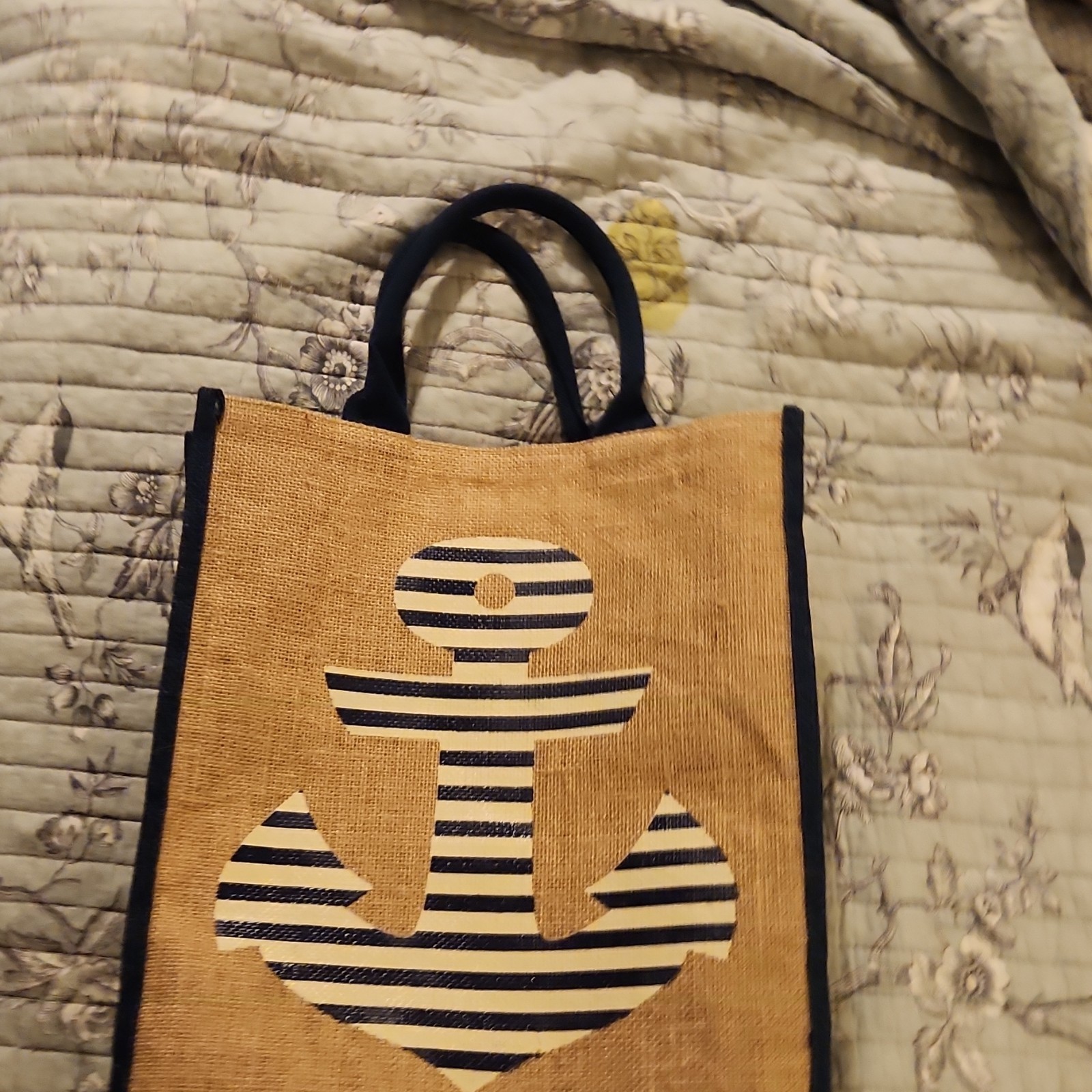 Large Jute Reusable Shopping Bag Striped Anchor Beige Navy Foldable 16x13in