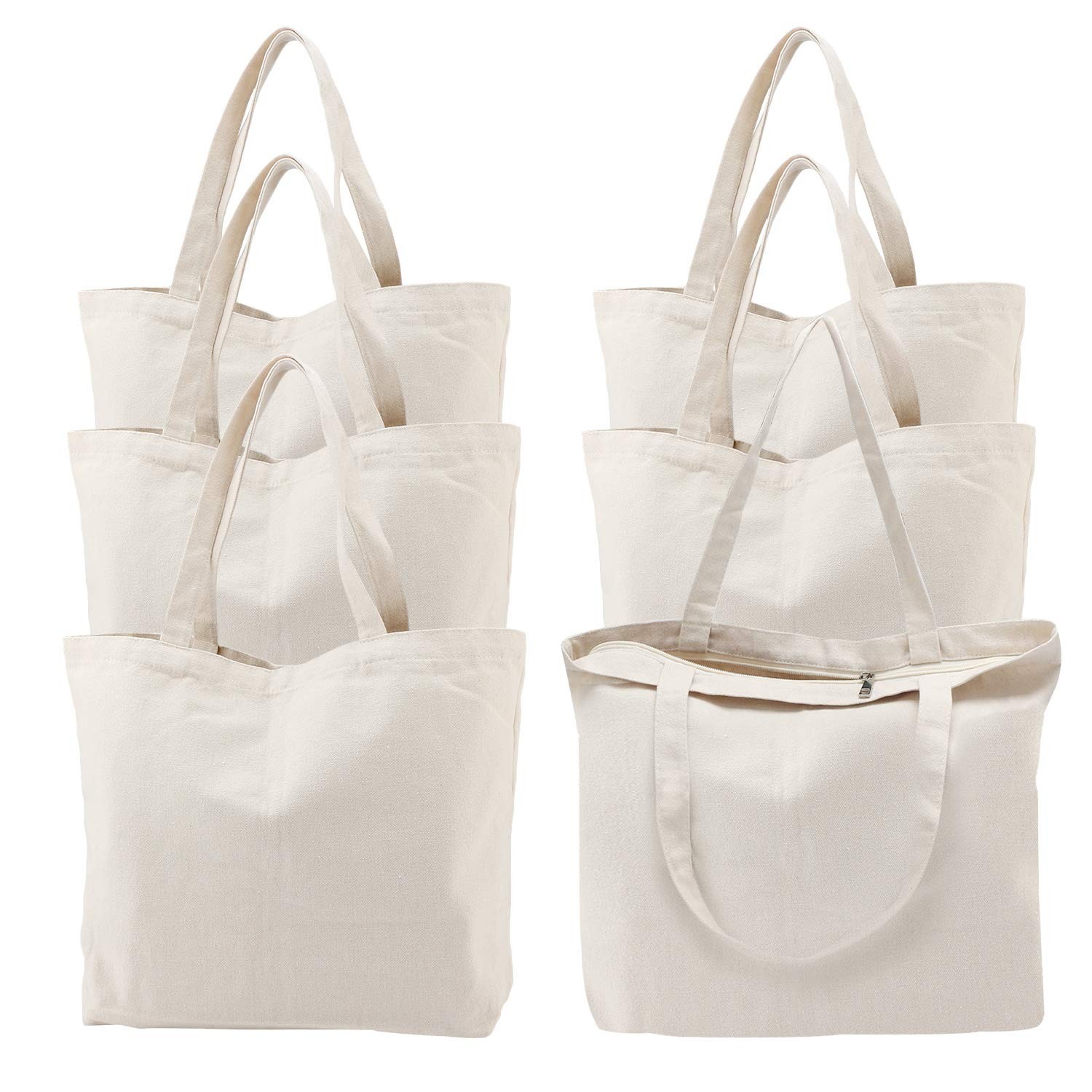 6 Pack Canvas Tote Bags with Zipper, 16×13 in Reusable Grocery Shopping Bags