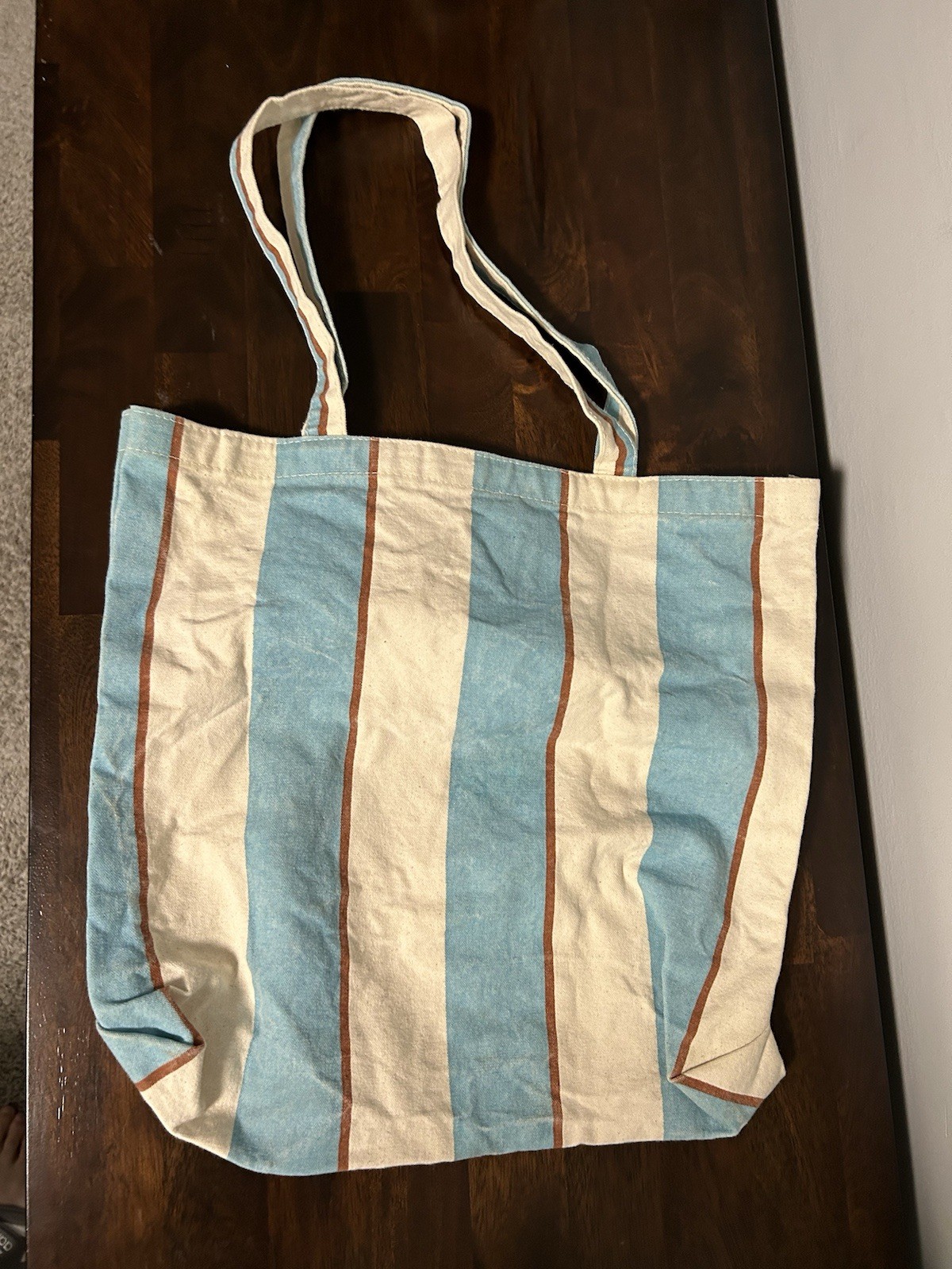 Madewell Canvas Tote Bag 14” x 14” Blue Beige Rust Striped Shopping 100% Cotton