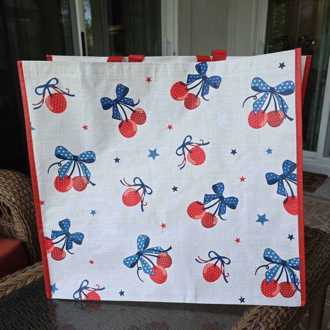 Cherry Red White Blue Shopping Gift Bag Reusable Large Tote Summer USA July 4th