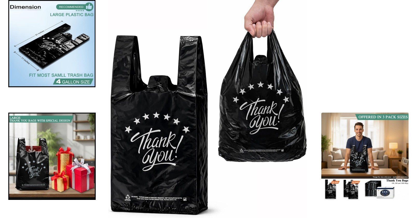 Tear-Resistant Black Thank You T-Shirt Bags – 200pcs, Perfect for Groceries
