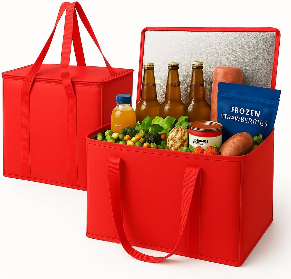 2-Pack XL-Large Insulated Grocery Shopping Bags, Red, Reusable, Heavy Duty, Zipp