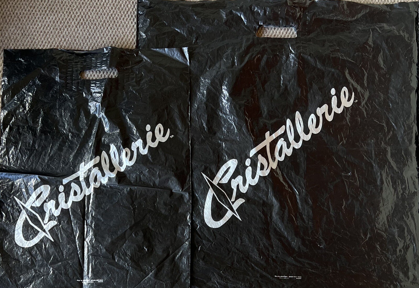 2 Vintage CRISTALLERIE Black Reusable Plastic Shopping Tote Bags- Fine Crystal-