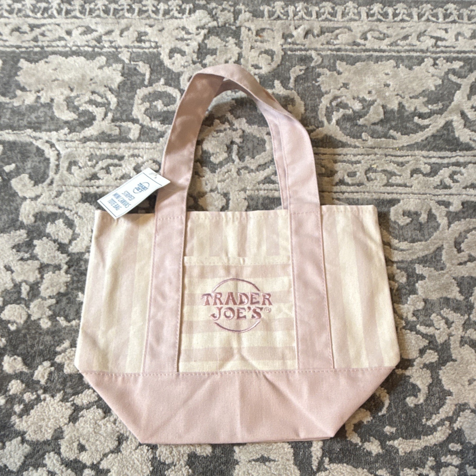 Trader Joe’s Striped Mini Canvas Tote Bag, Pink/Beige, Reusable 13x8x6″