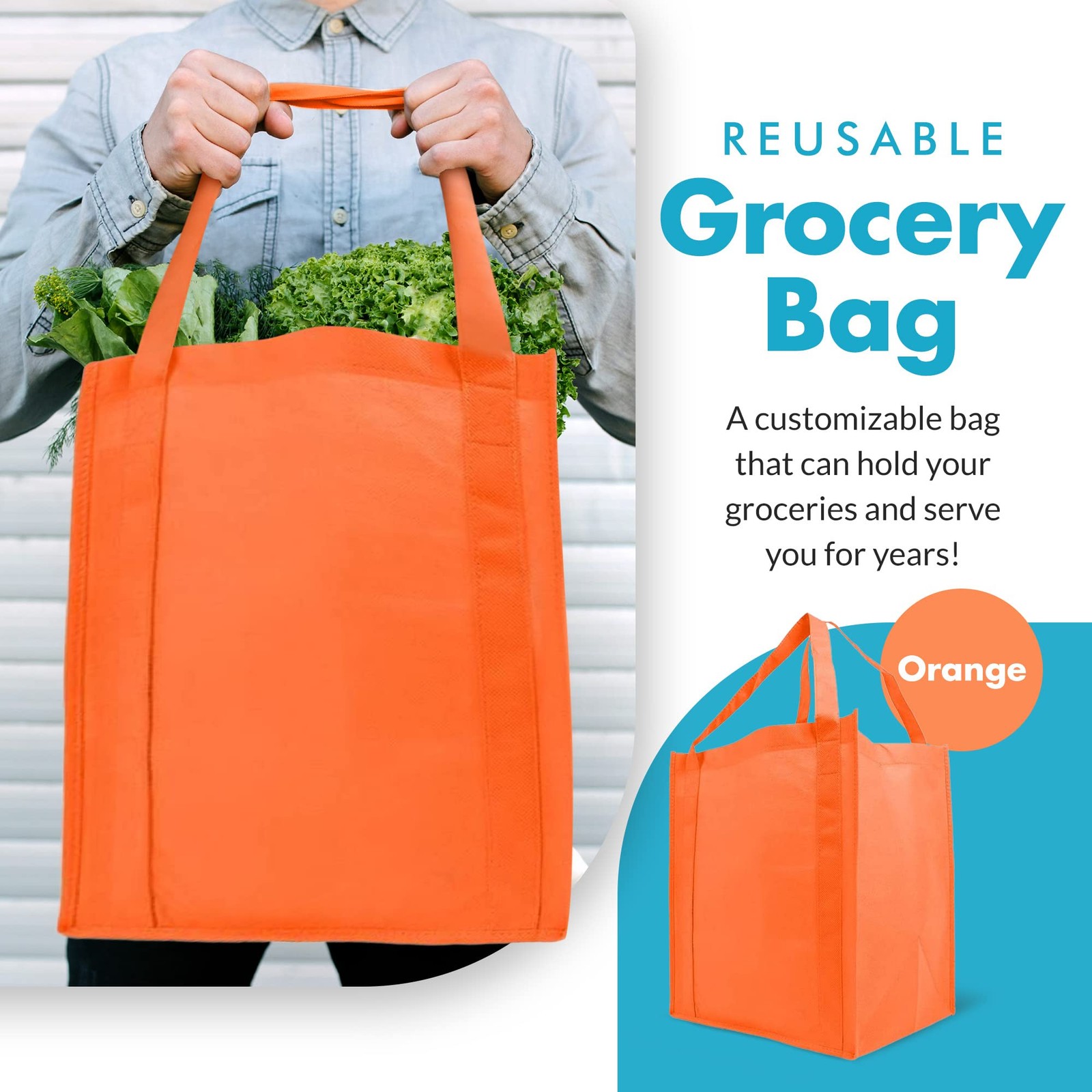 10 Pack Reusable Grocery Bags, Orange, 13x15x10, Wide Tote, 20-Inch Handle