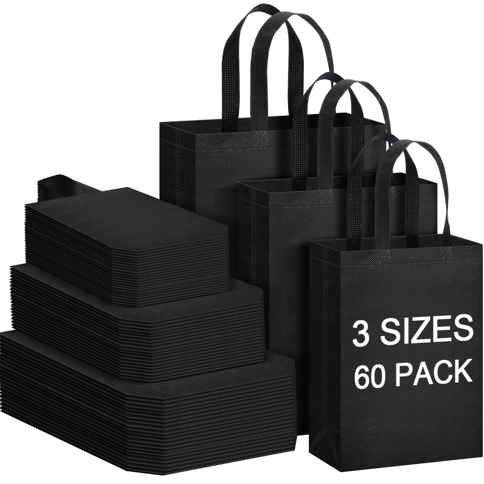 60 PCS Black Non Woven Reusable Grocery Bags Foldable 3 Sizes Bulk Tote