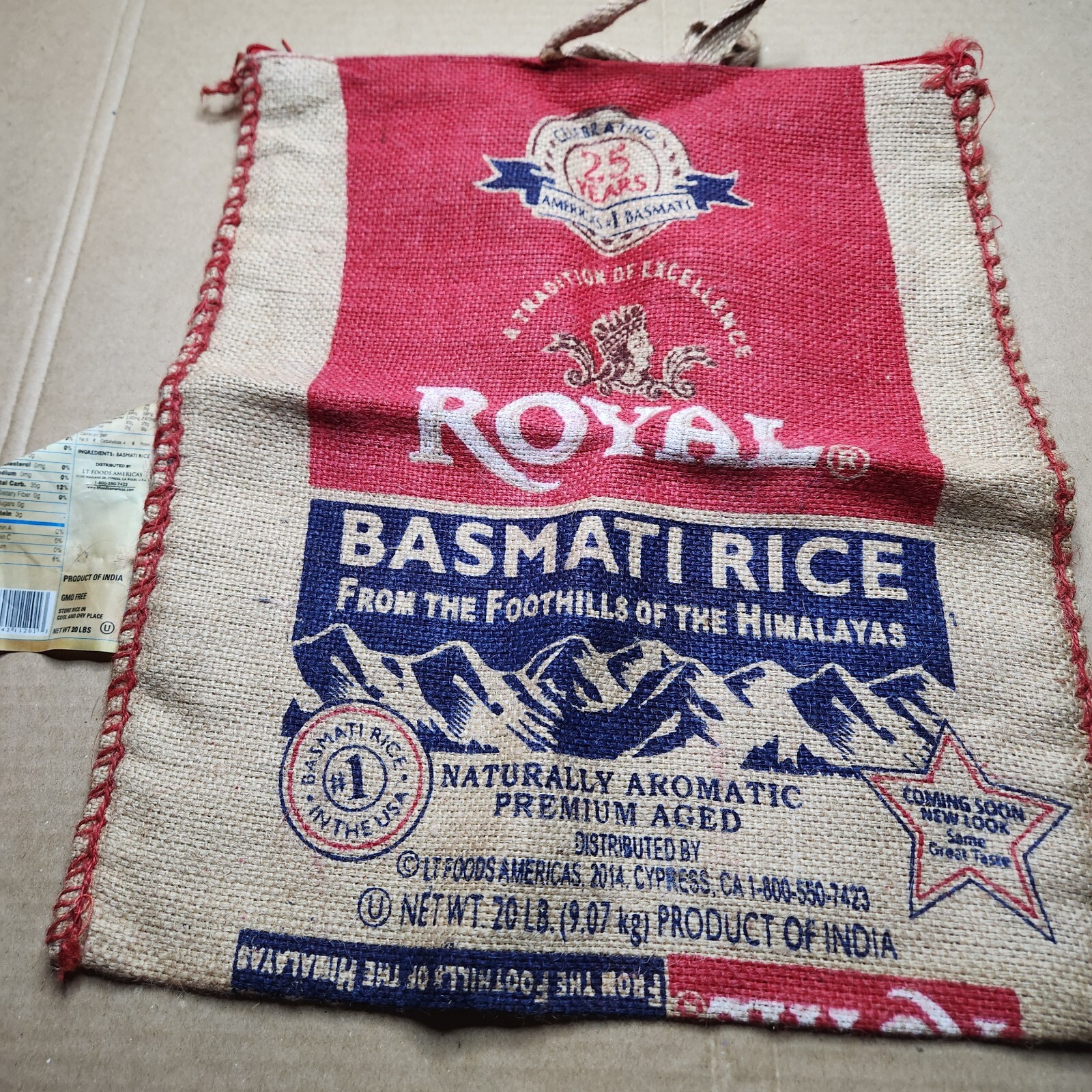 Royal Basmati Rice Tote Bag 20lbs Burlap Handles Zipper Heavy Duty 25th Annivers