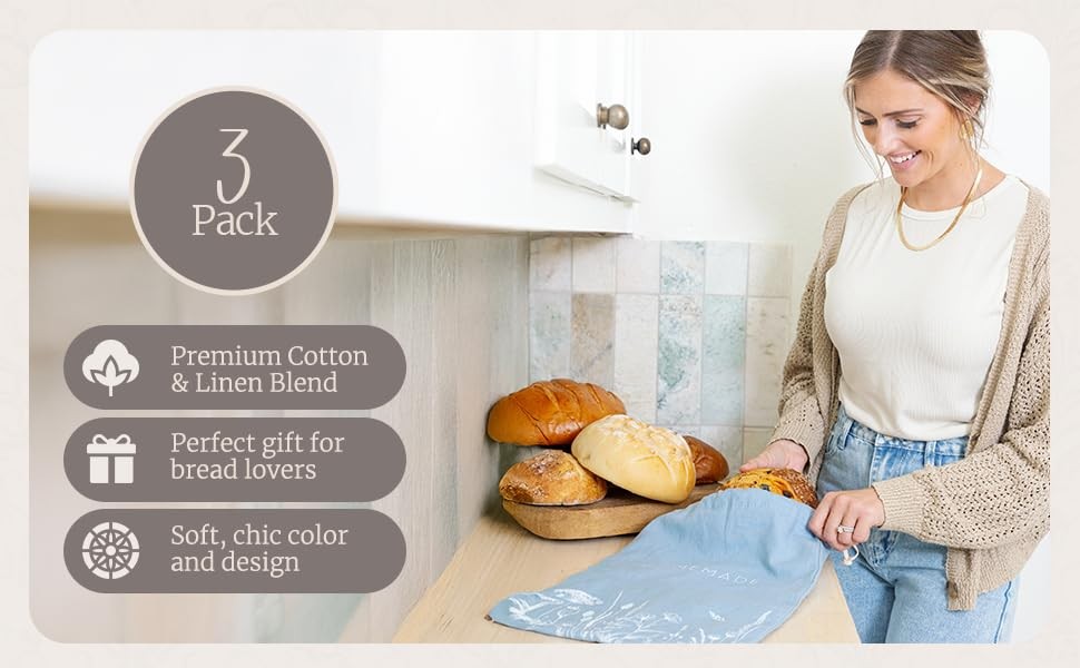 Reusable Bread Bags with Drawstring | XL Pack of 3 | Large, Striped Pattern