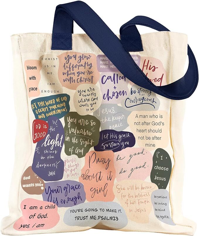 Aesthetic Heavy Canvas Tote Bag with Pocket for Women Chic Bible Quote Collag…