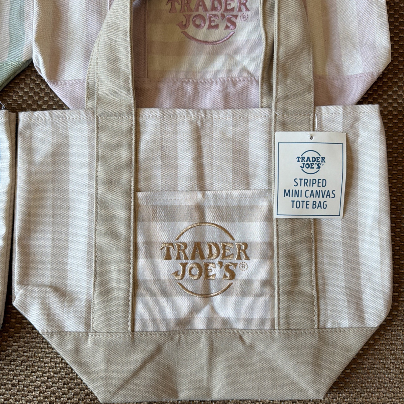 NEW TRADER JOE’S MINI PASTEL CANVAS TOTE BAGS SET OF 4 LIMITED EDITION ✅✨