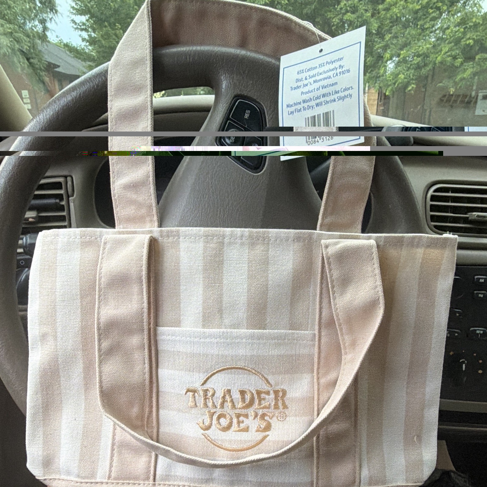 Trader Joe’s Striped Mini Canvas Tote Bag Beige/White Reusable Machine Wash