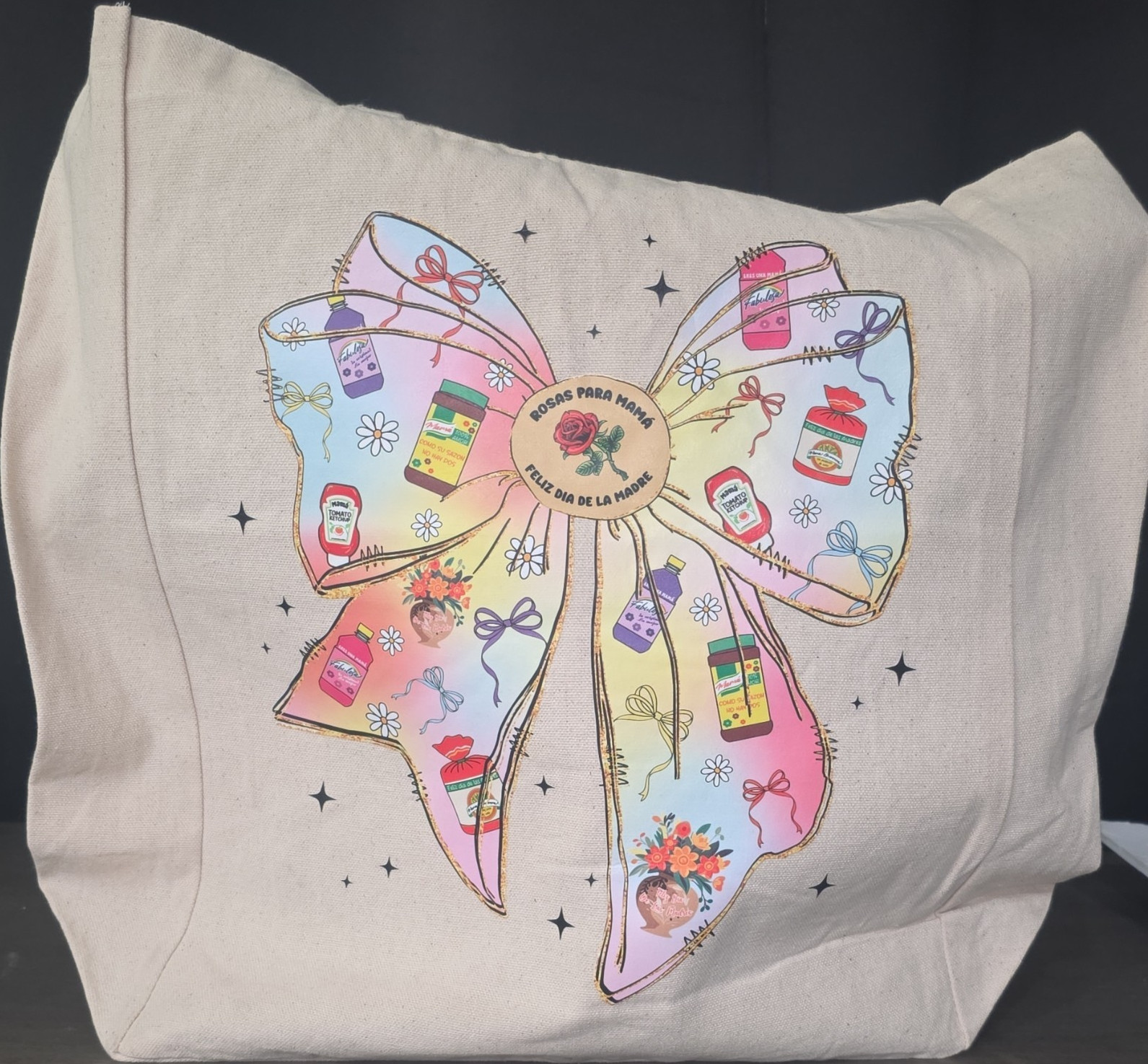 Canvas Tote Bag Beige w/Leather Straps Bow In Front Mama On Back Pocket