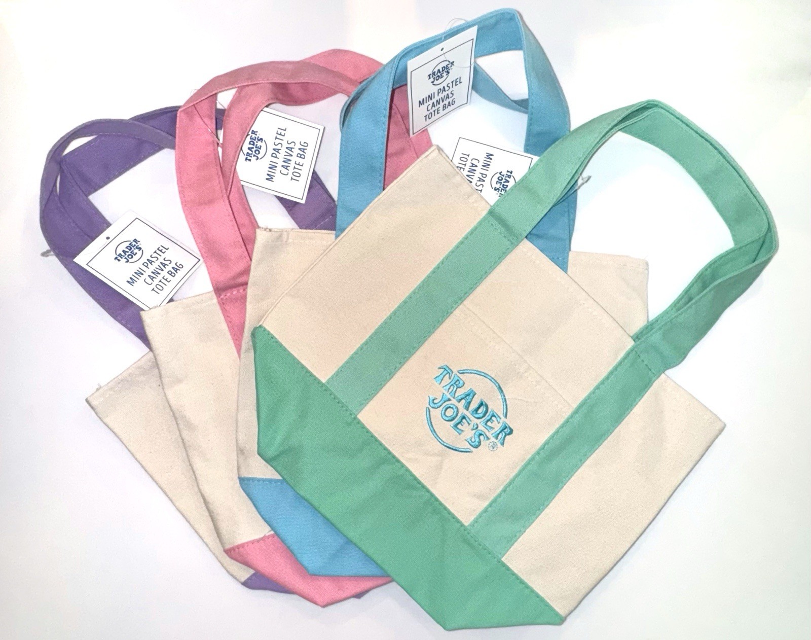 Complete Set of Four Trader Joe’s Mini Pastel Canvas Tote Bags New w/Tags
