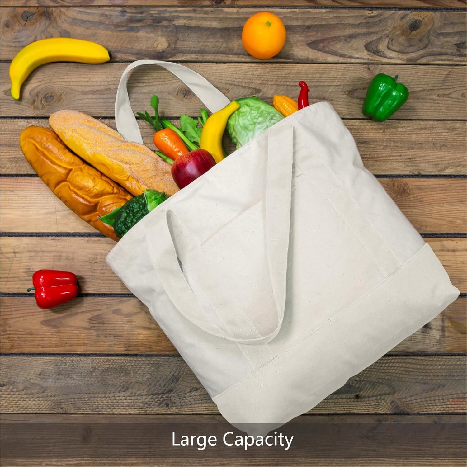 6-Pack Reusable Canvas Tote Bags with Zipper & Pocket – Natural Color