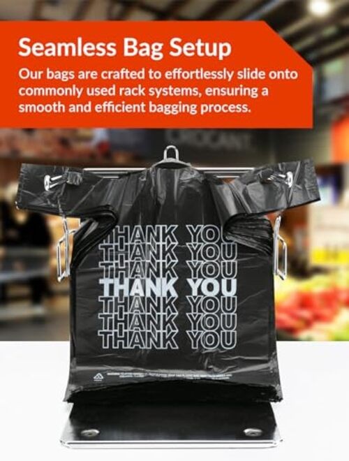 300 Count Thank You Plastic Bags, 12″ x 6″ x 22″, 15 Mic Black T Shirt
