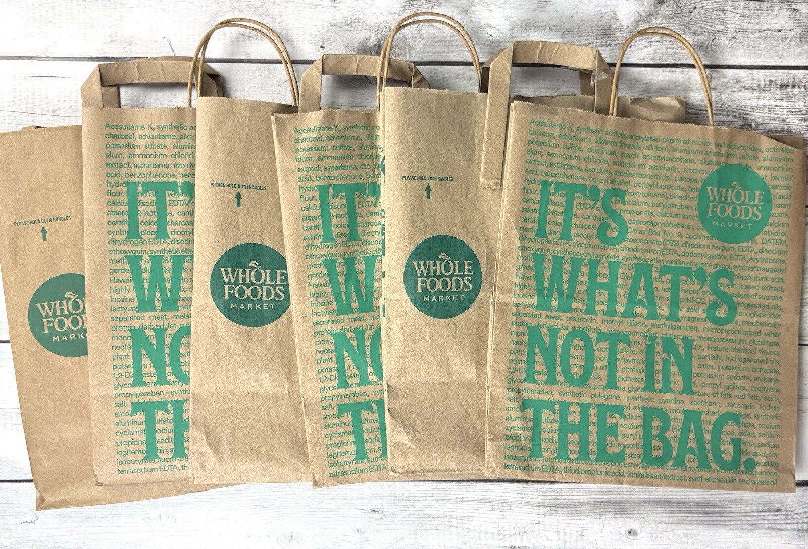 WHOLE FOODS / FRESH MKT Brown Paper Grocer Shop Bags W/ handles reuse LOT of 6
