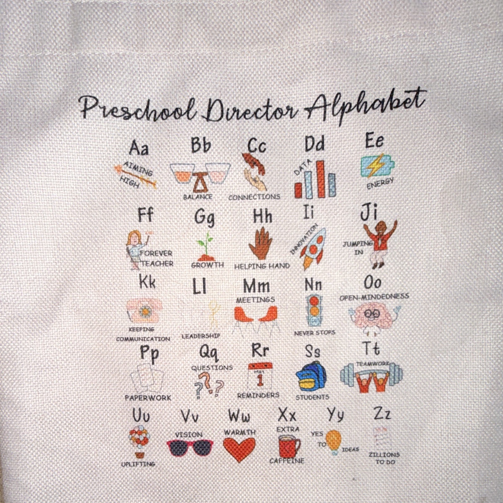 Light Pink Tote Bag Alphabet Print “Preschool Director” 14x12x2 in
