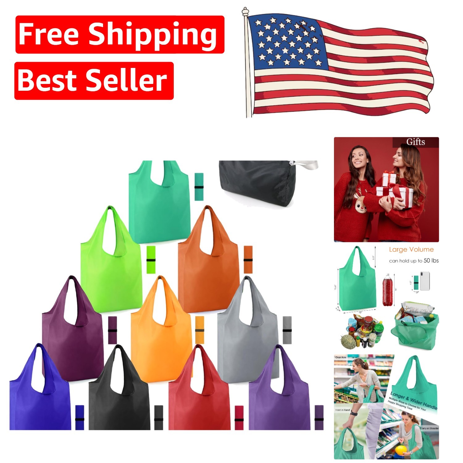 Durable Folding Reusable Shopping Bags – 10 Pack with Zipper Pouch, Eco-Friendly