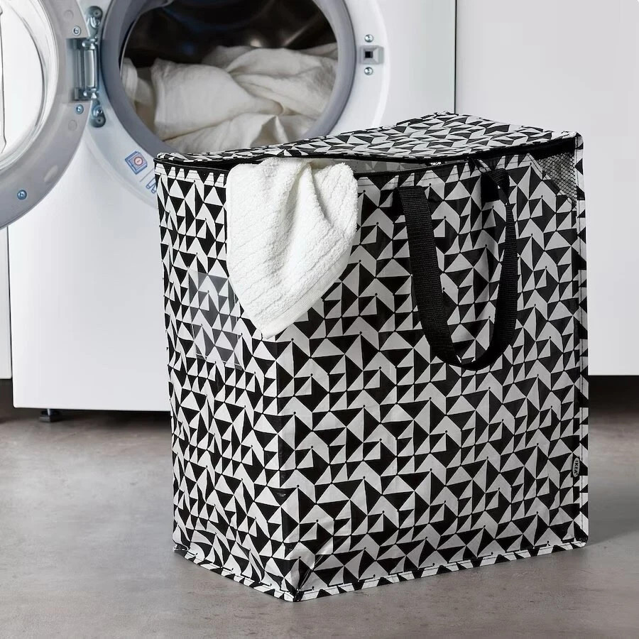 Ikea KNALLA Zipped Bag Laundry Groceries Black/White 15 ¾x9 ¾x18 ½ “/12 Gallon