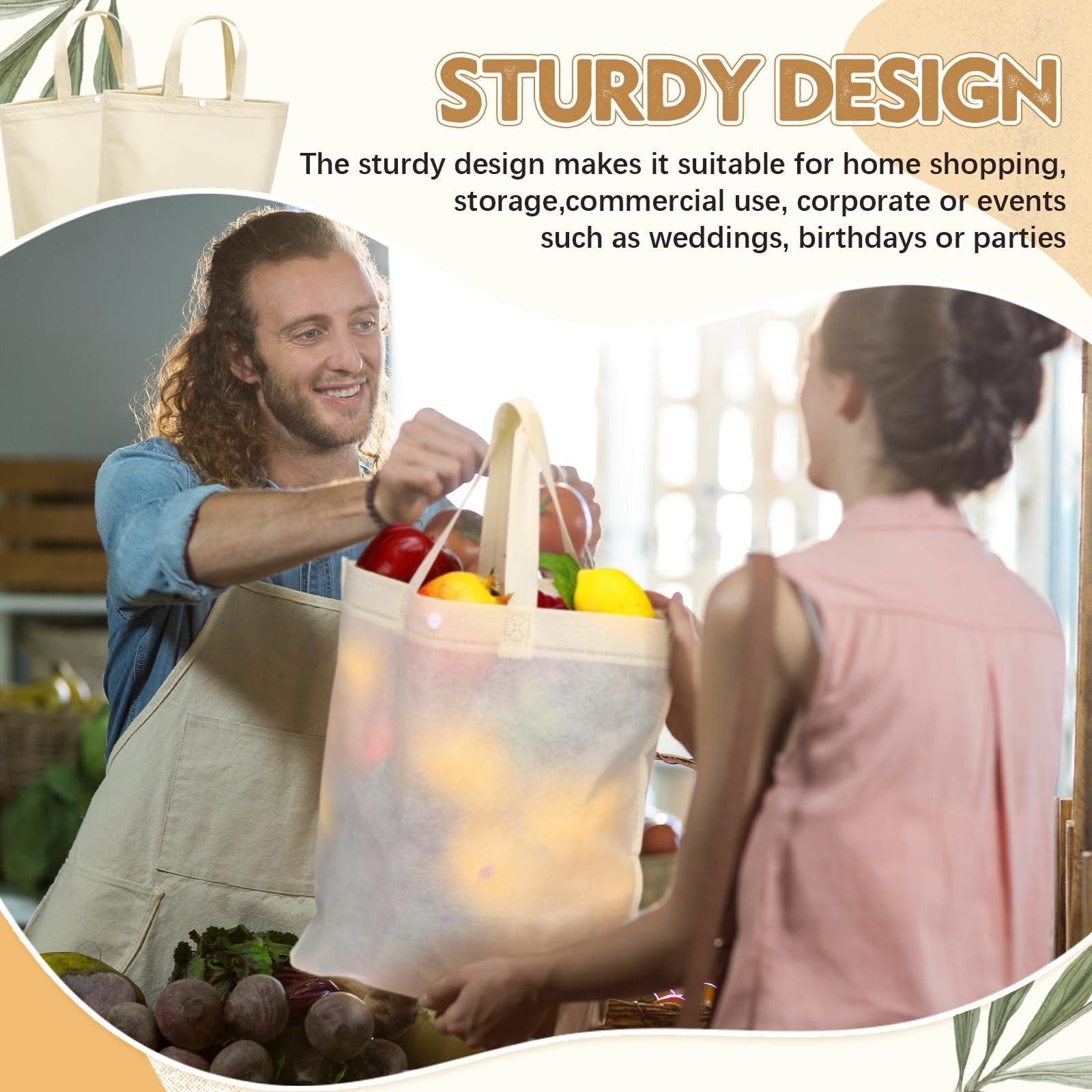 100 PCS Reusable Grocery Bags, Bulk Non Woven, Portable Foldable Tote, Button
