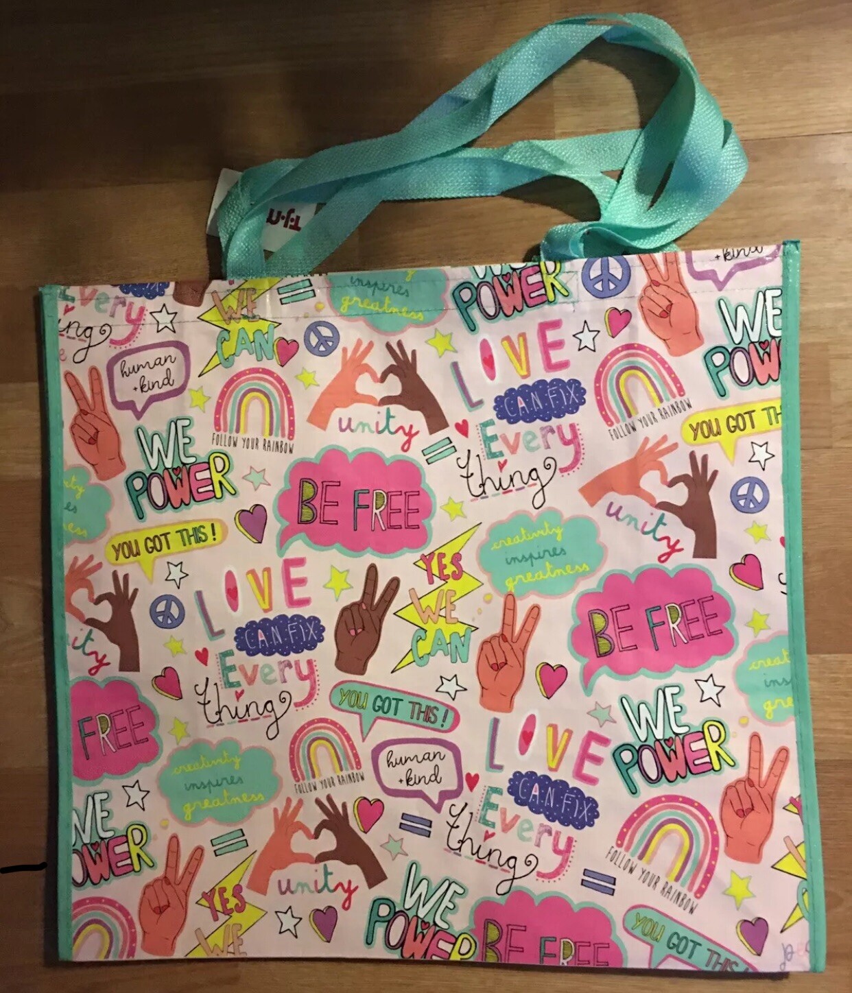 NEW TJ Maxx Homegoods Shopping Bag PEACE LOVE UNITY~Rainbow HIPPY~Reusable Tote