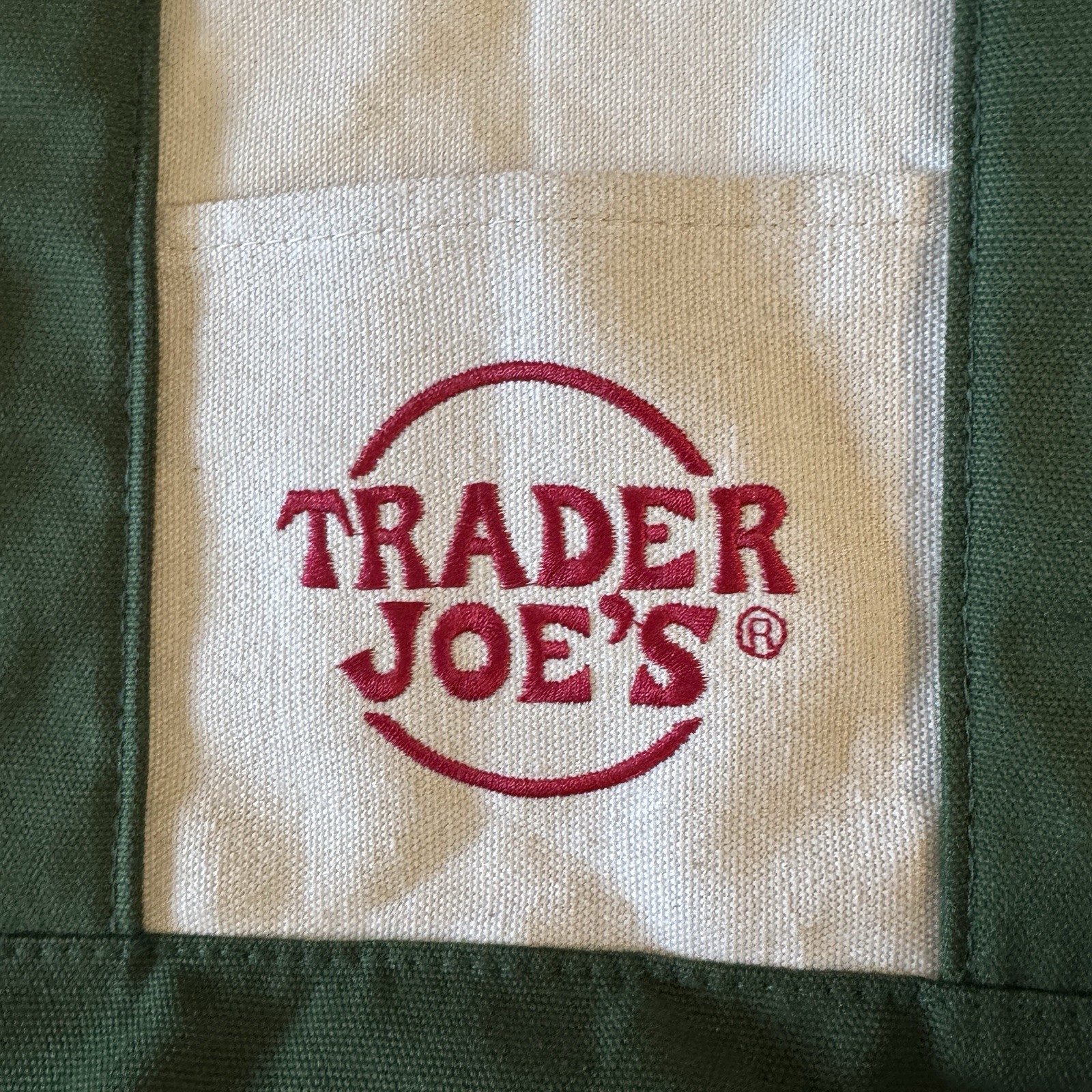 Trader Joe’s Canvas Tote Reusable Foldable Bag Green & White, Red Lettering
