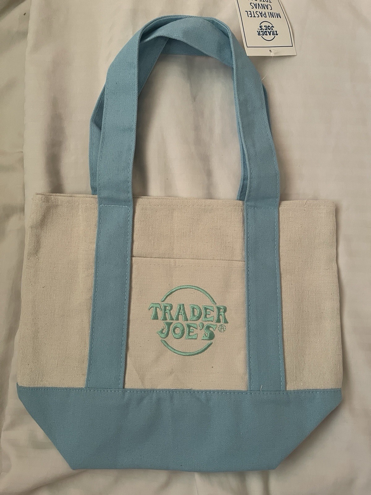 Trader Joe’s Foldable Canvas Tote Bag Beige Blue Reusable Solid Plain