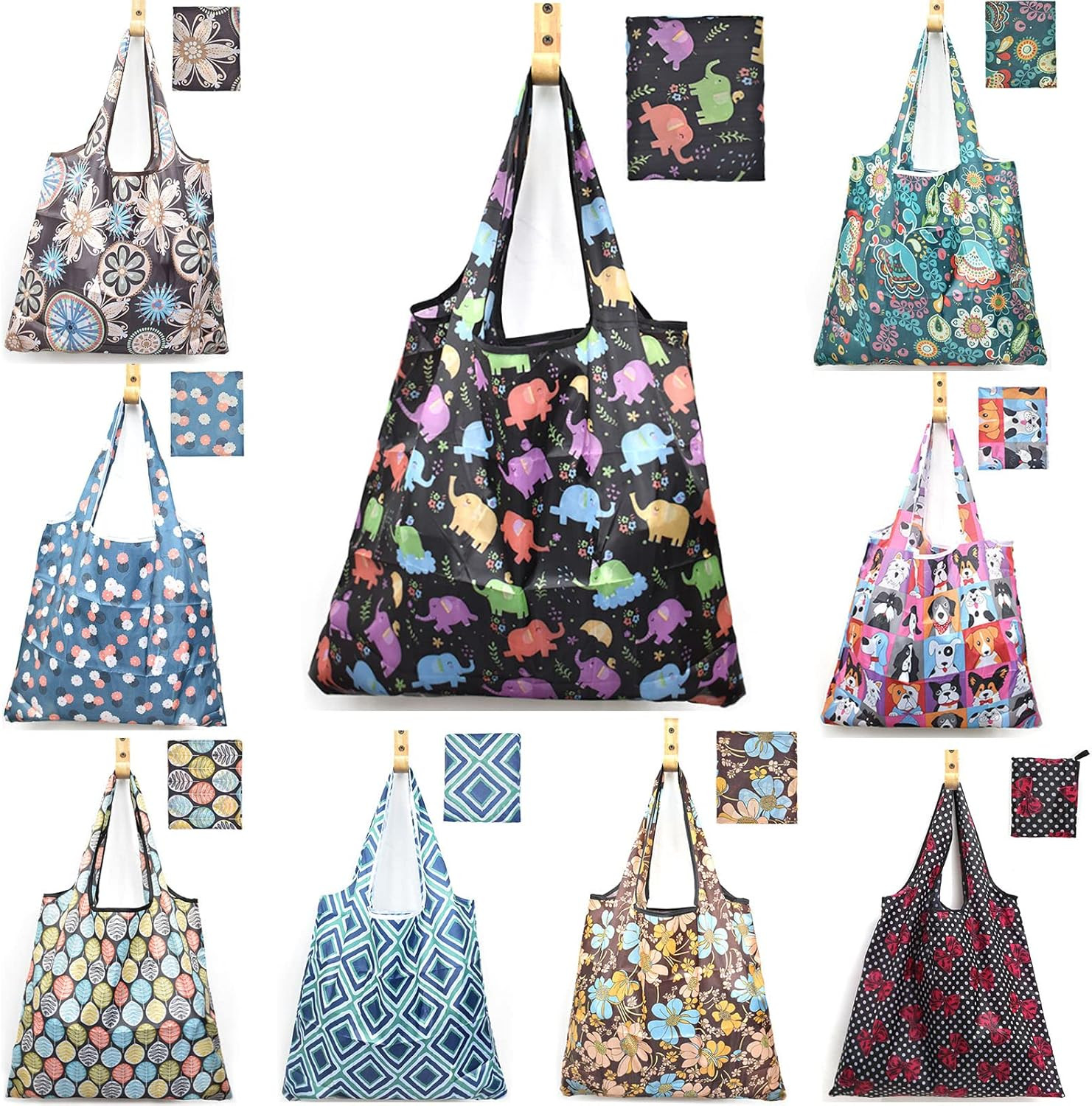 9 Pack Reusable Grocery Bags, Foldable Shopping Bags, Heavy Duty Nylon Bags, Wat