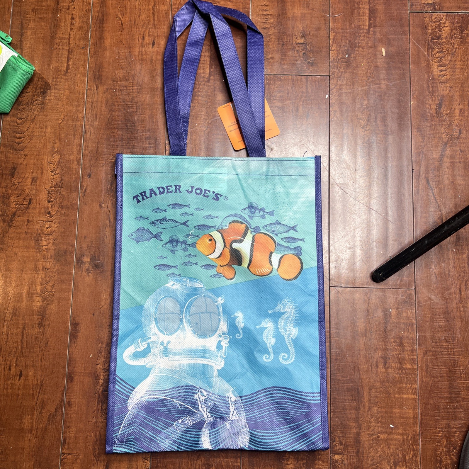 Trader Joe’s Blue Fish Tote Bag Ocean Clownfish Submarine Reusable 100% Recycled