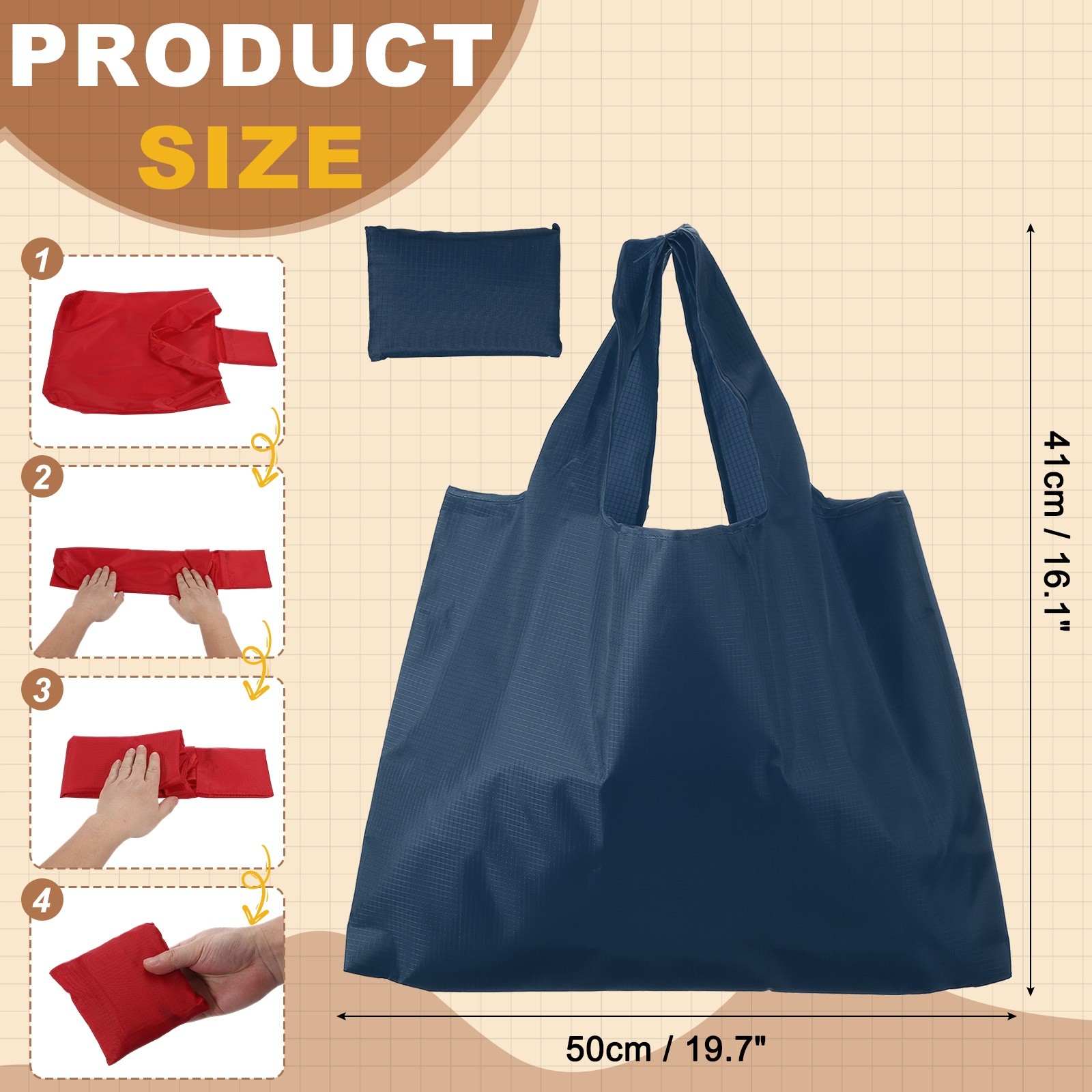 Washable Shopping Bags with Handles Bulk Foldable Grocery Bags Navy Blue L