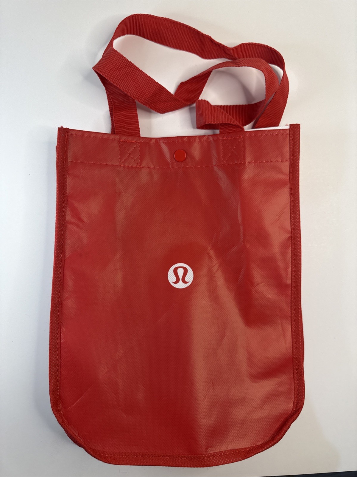 Lululemon Logo Reusable Shopping Bag Red White Sides Tote 12×9” W/Snap New