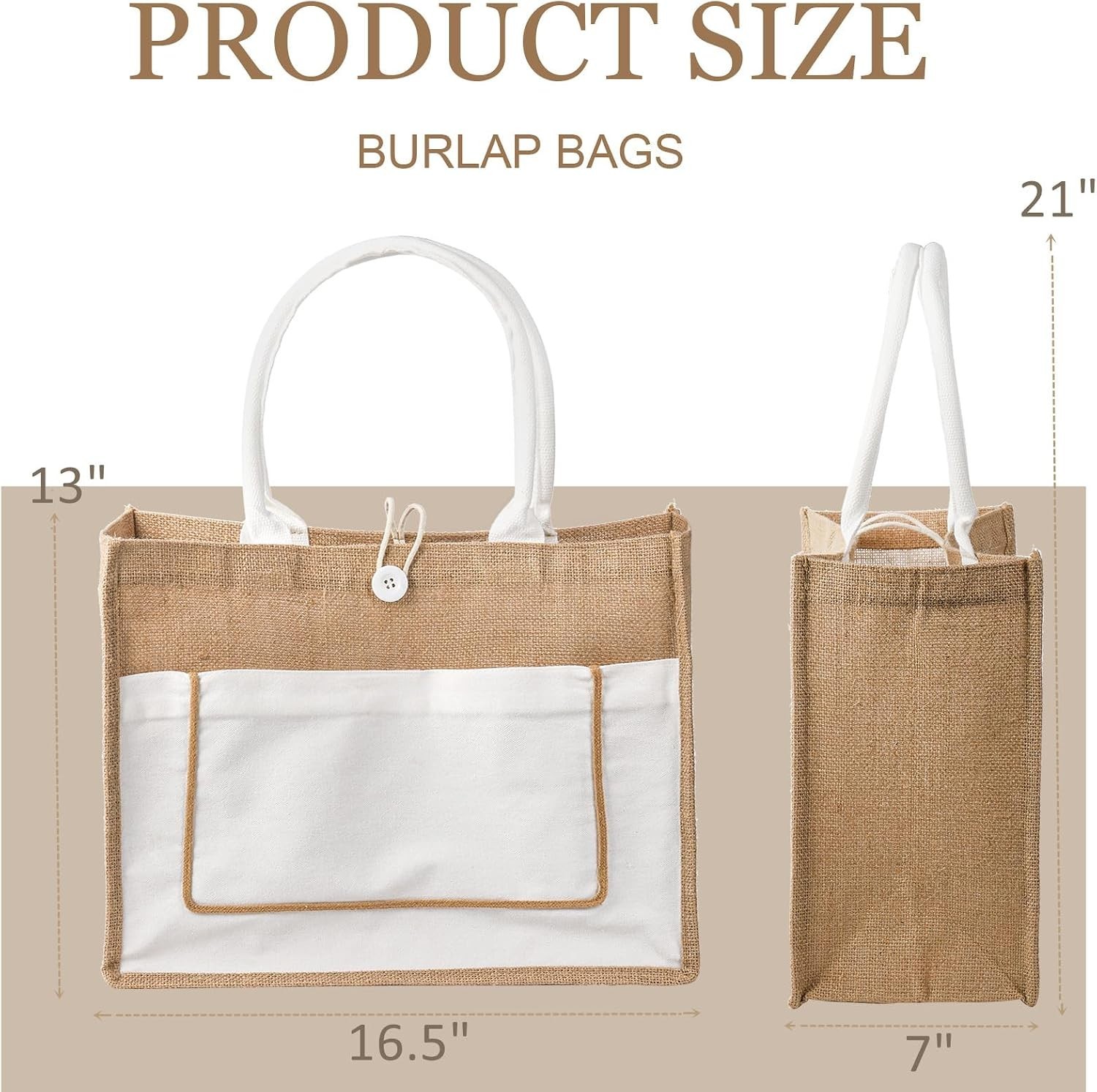 6 Pack Jute Tote Bags, 16.5″x 13″x 7″ Large Burlap Tote Bag with Handles, Bea…