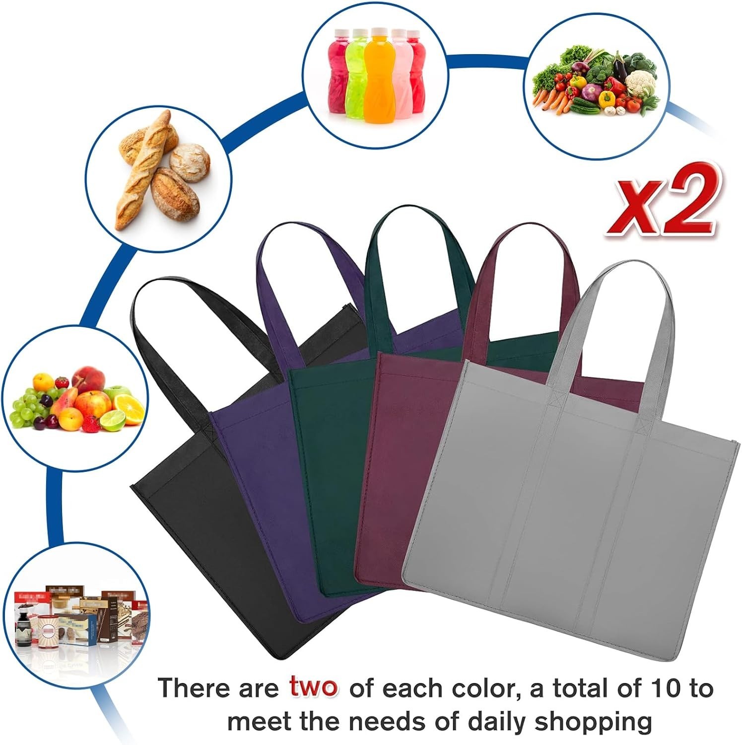 10 Pack Large Reusable Grocery Bags – Eco-Friendly Foldable Totes in Assorted…