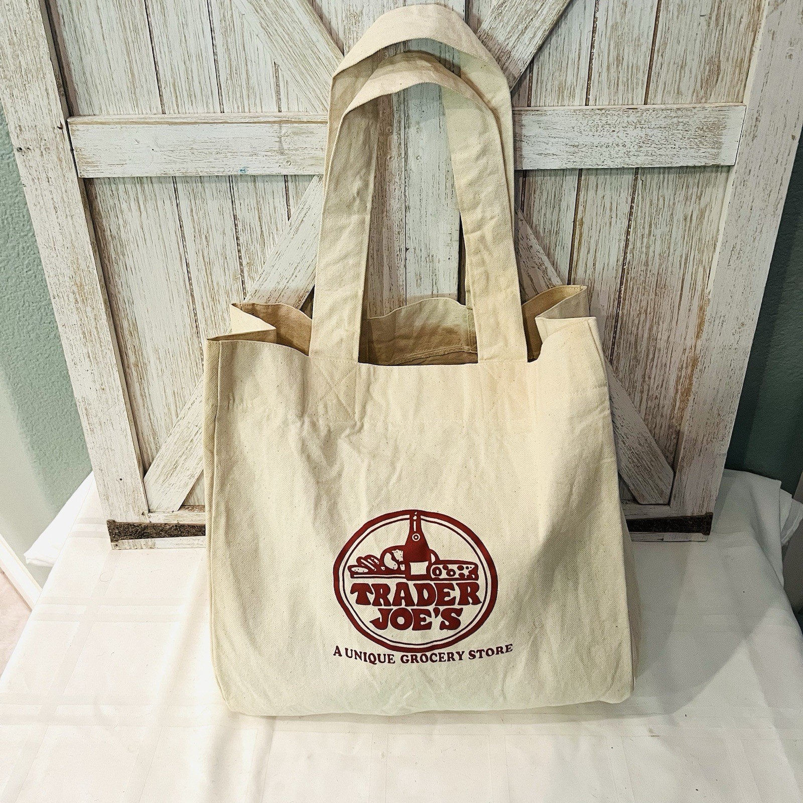 Vintage Trader Joe’s Red Logo Tote Bag Reusable Shopping Bag Rare 2000