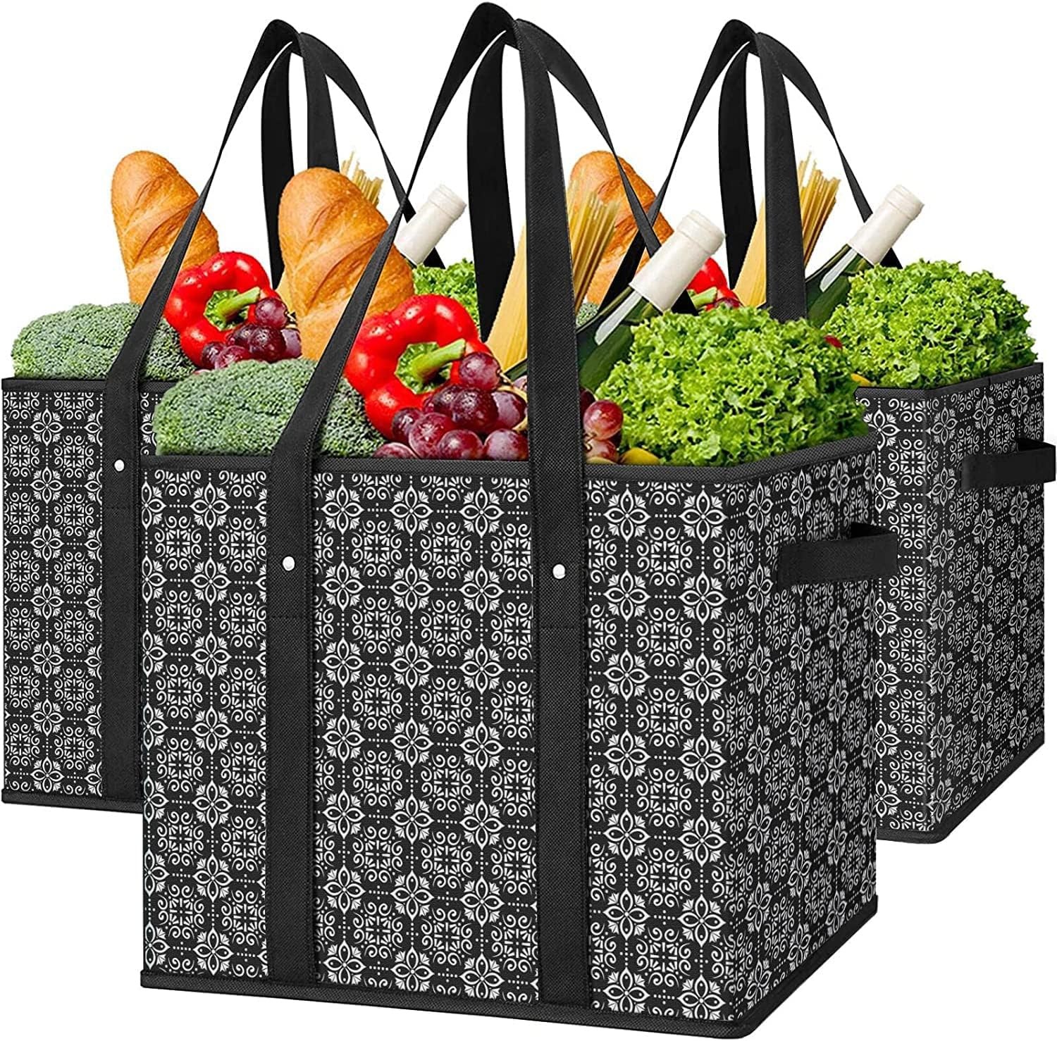 Black Large Water Resistant Foldable Reusable Grocery Tote Bags 3 Pack